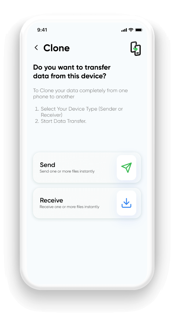 Data clone screen to send or receive files between smartphones